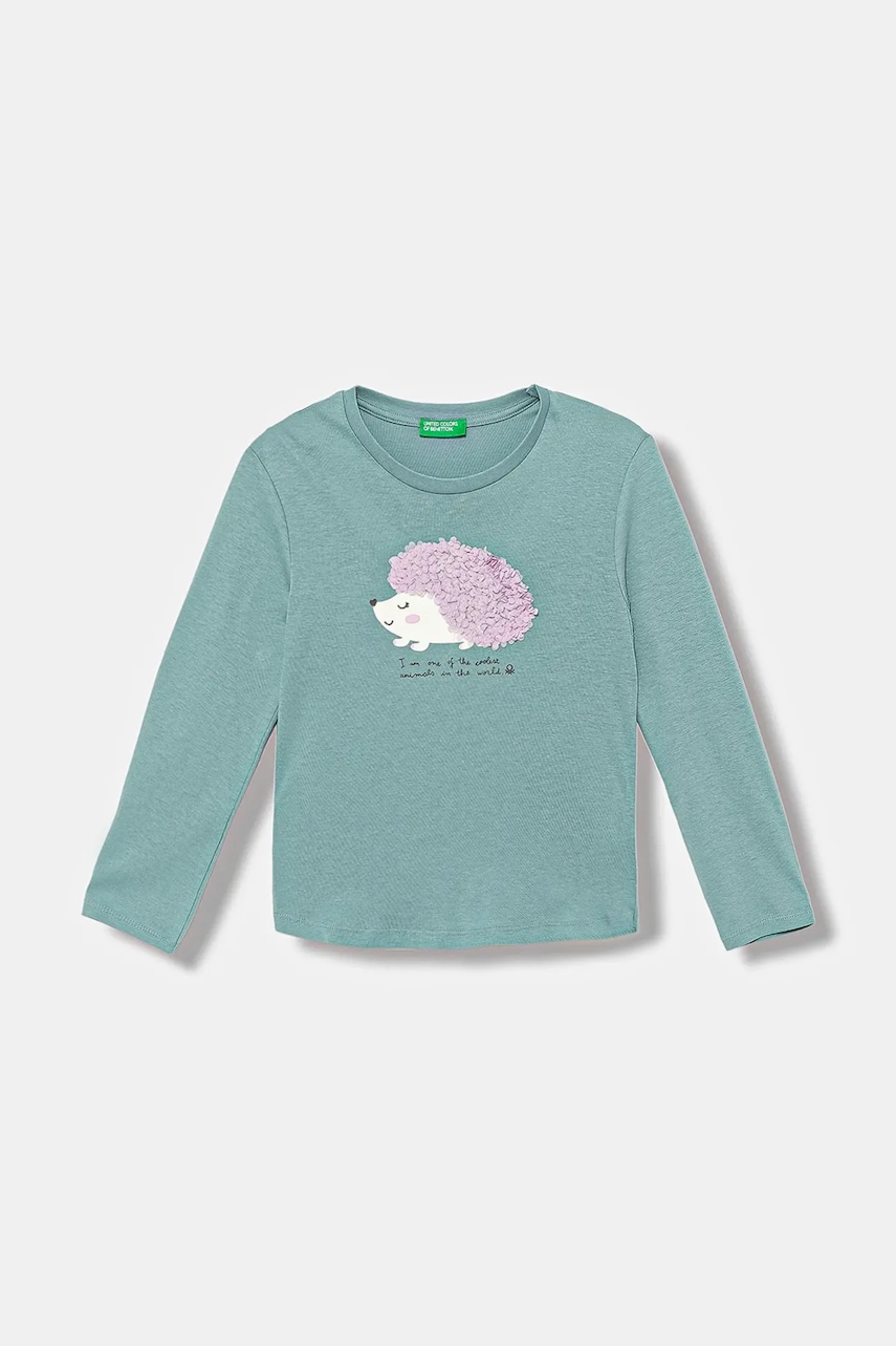 Levně Dětské bavlněné tričko s dlouhým rukávem United Colors of Benetton tyrkysová barva, 3I1XG10K8
