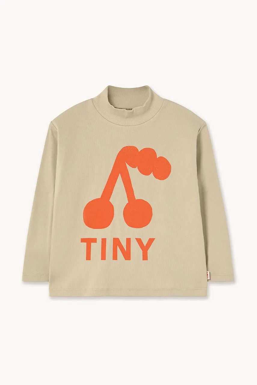 Tinycottons longsleeve din bumbac pentru copii CHERRY GRAPHIC RIB MOCKNECK culoarea bej, cu imprimeu, AW25-329