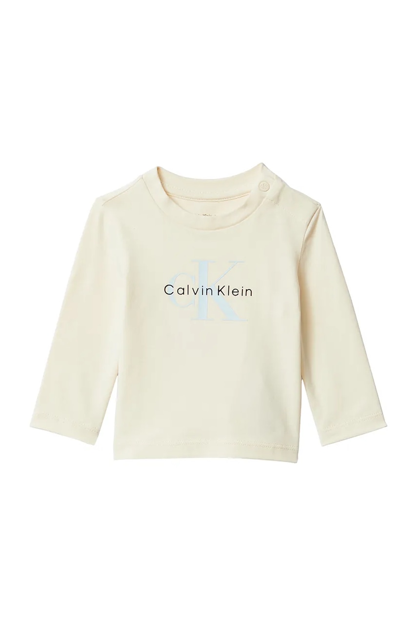 Levně Kojenecké tričko s dlouhým rukávem Calvin Klein Jeans béžová barva, s potiskem, IN0IN00335