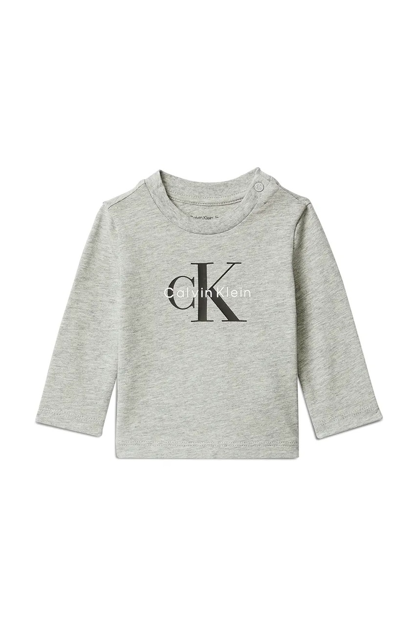 Levně Kojenecké tričko s dlouhým rukávem Calvin Klein Jeans šedá barva, s potiskem, IN0IN00335