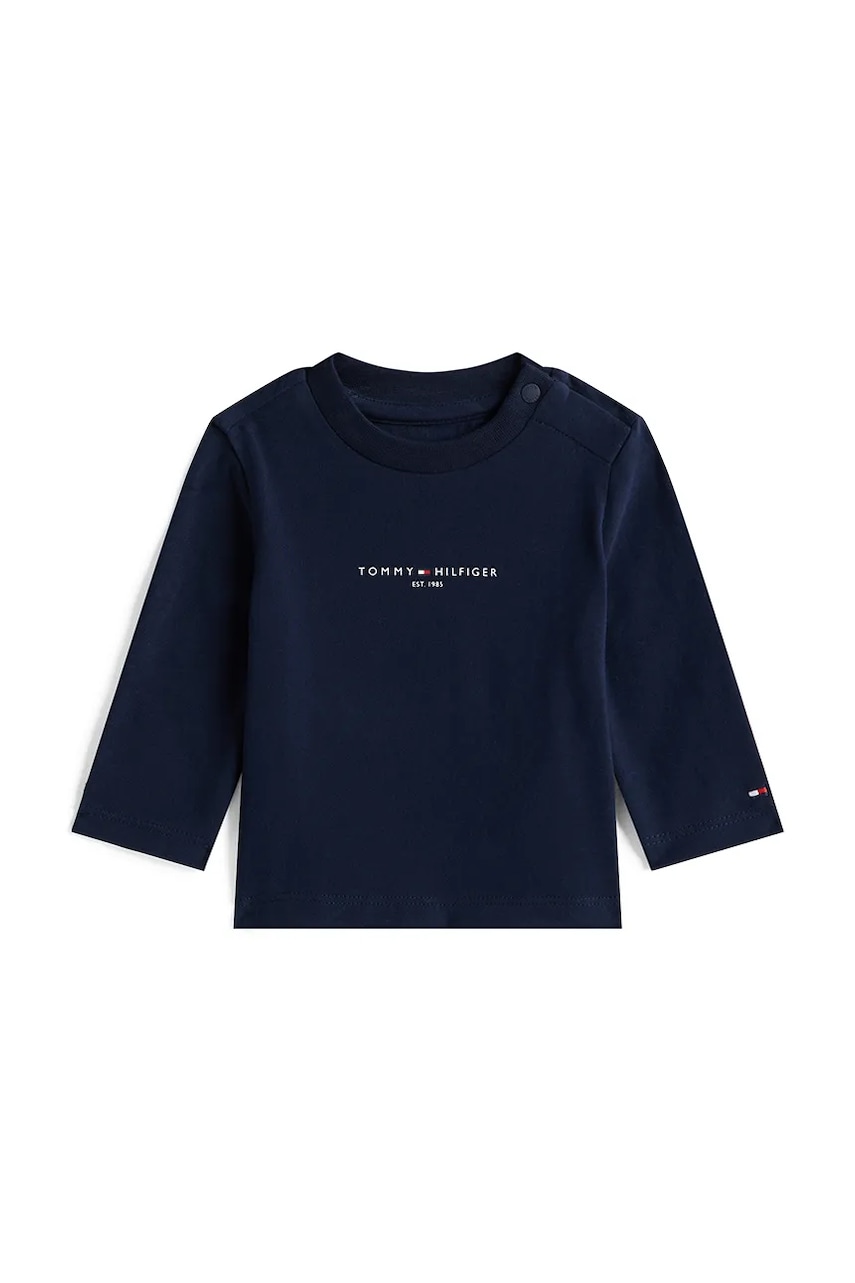 Levně Kojenecké tričko s dlouhým rukávem s bavlnou Tommy Hilfiger tmavomodrá barva, s potiskem, KN0KN02058