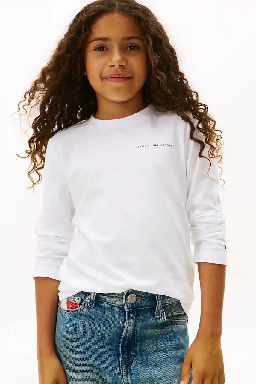 Levně Dětské bavlněné tričko s dlouhým rukávem Tommy Hilfiger bílá barva, s potiskem, KS0KS00655