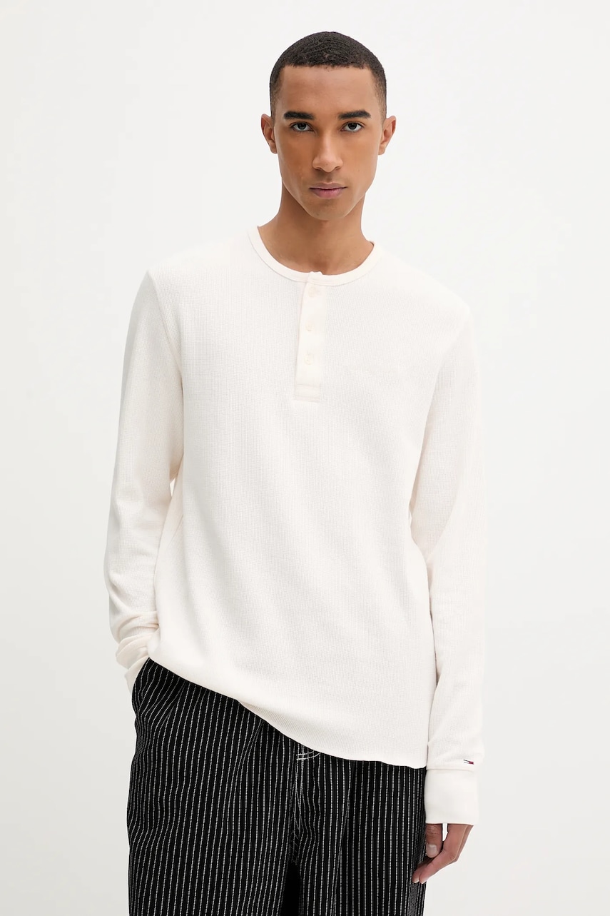 Tommy Jeans longsleeve din bumbac culoarea bej, uni, DM0DM21812