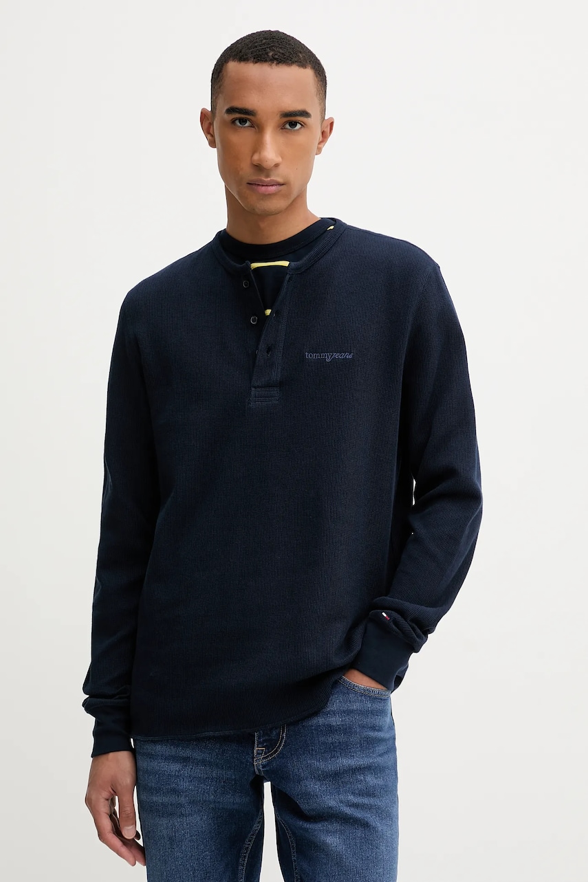 Tommy Jeans longsleeve din bumbac culoarea bleumarin, uni, DM0DM21812