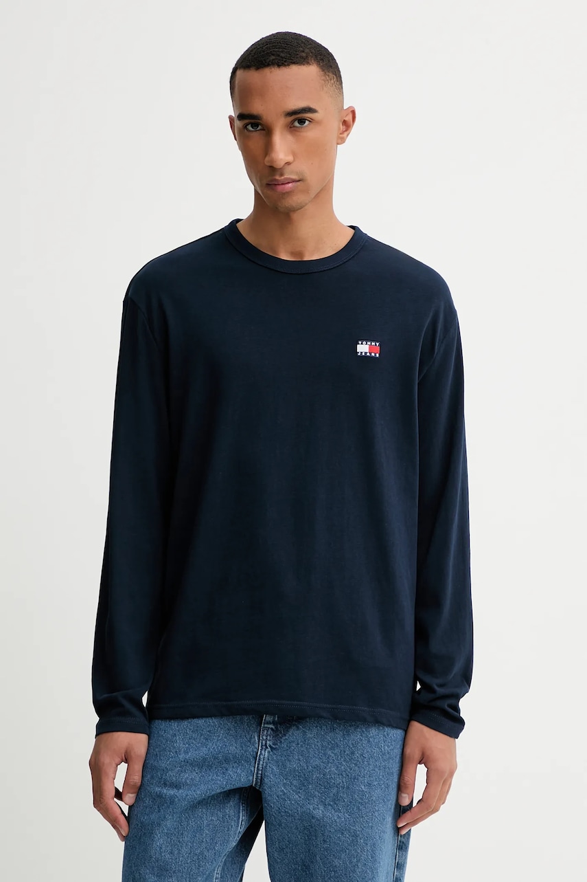 Tommy Jeans longsleeve din bumbac culoarea bleumarin, uni, DM0DM21974