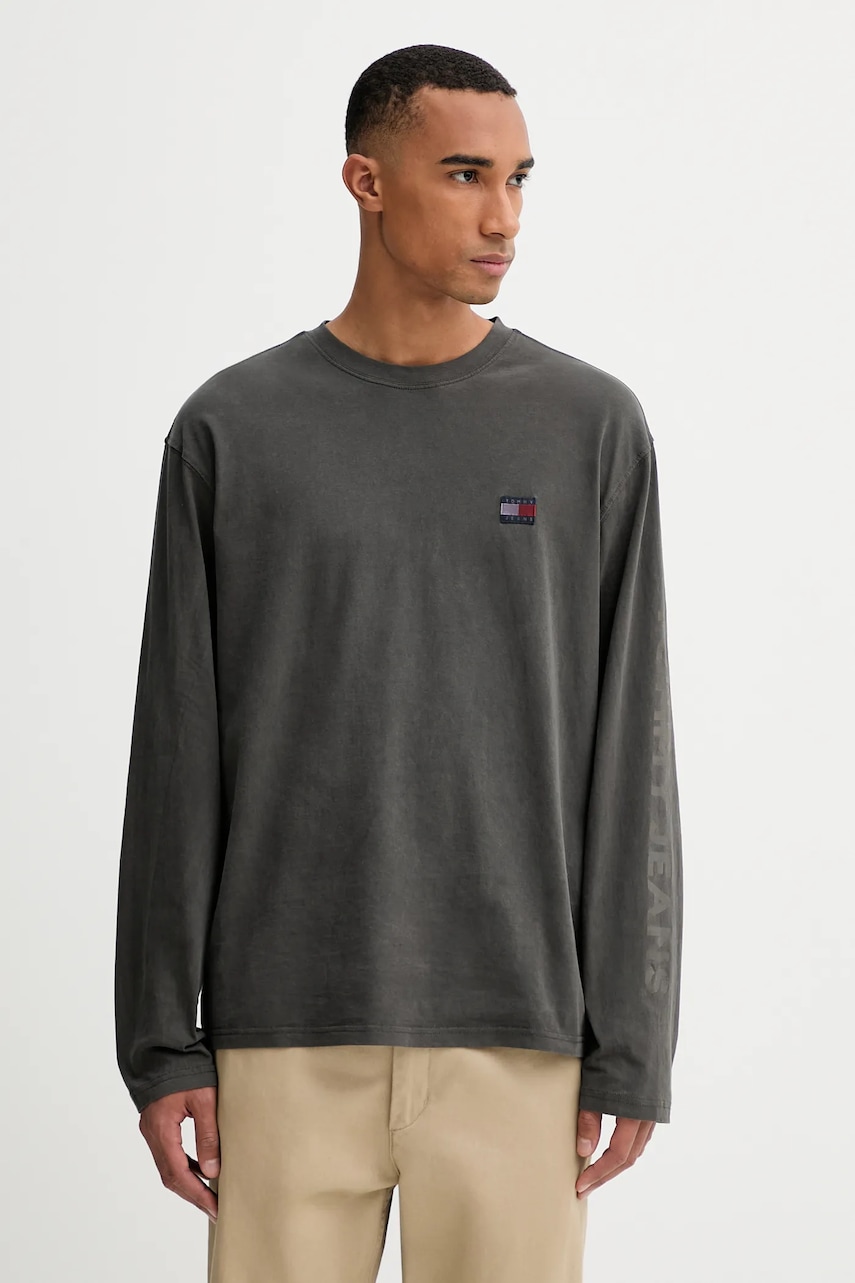 Tommy Jeans longsleeve din bumbac culoarea gri, cu imprimeu, DM0DM21976