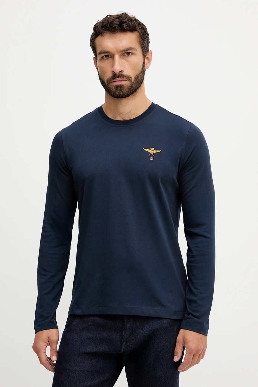 Levně Bavlněné tričko s dlouhým rukávem Aeronautica Militare tmavomodrá barva, TS2390UJ00372