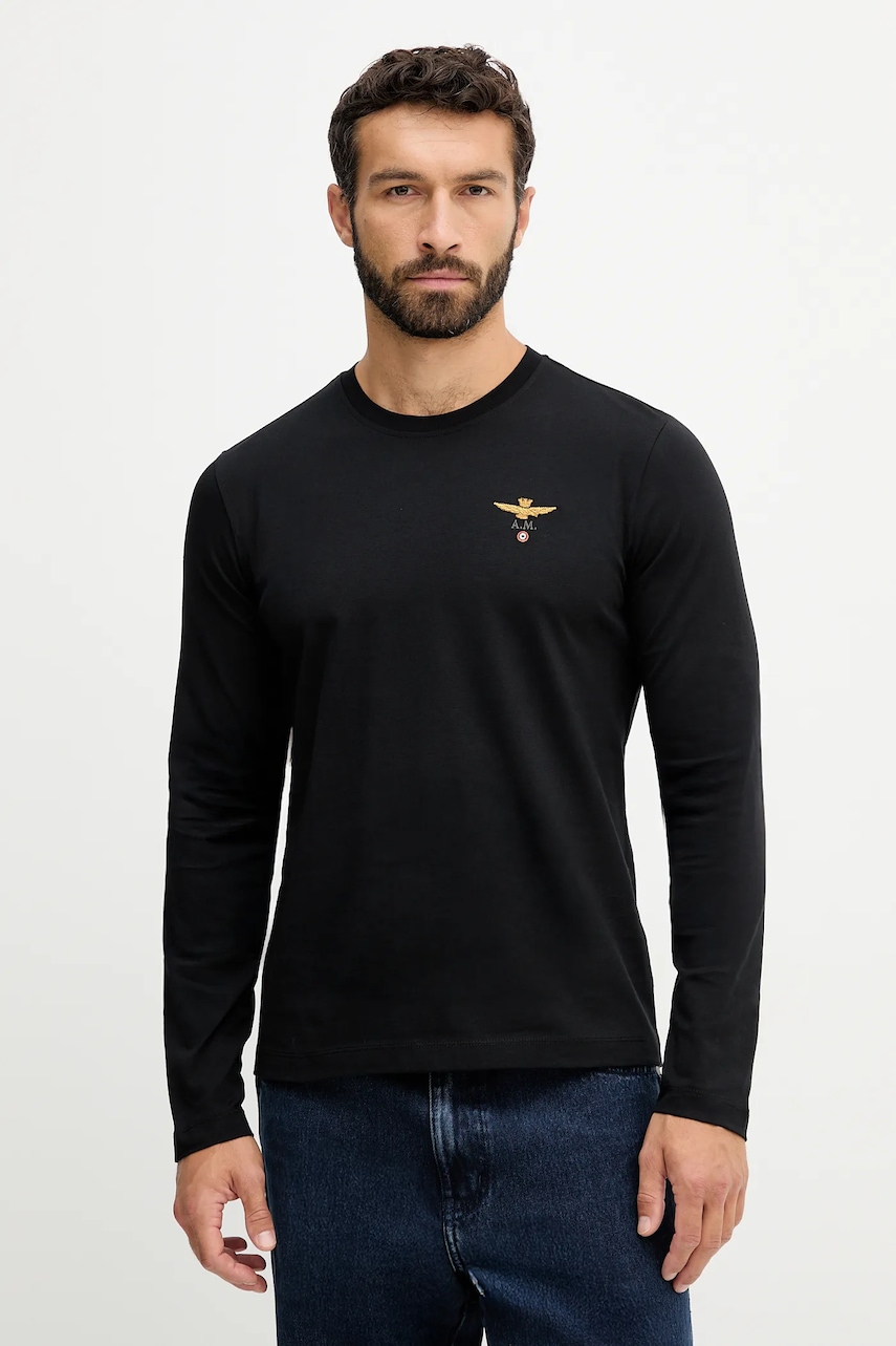 Levně Bavlněné tričko s dlouhým rukávem Aeronautica Militare černá barva, TS2390UJ00372