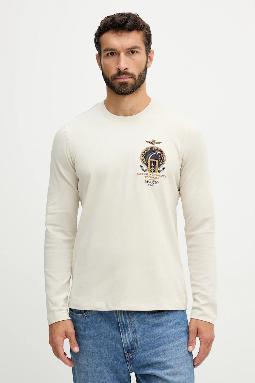 Levně Bavlněné tričko s dlouhým rukávem Aeronautica Militare béžová barva, s aplikací, TS2467UJ00703