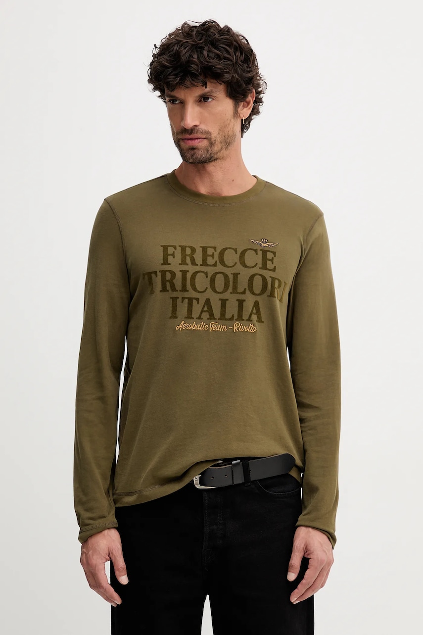 Aeronautica Militare longsleeve din bumbac culoarea verde, cu imprimeu, TS2469UJ00703