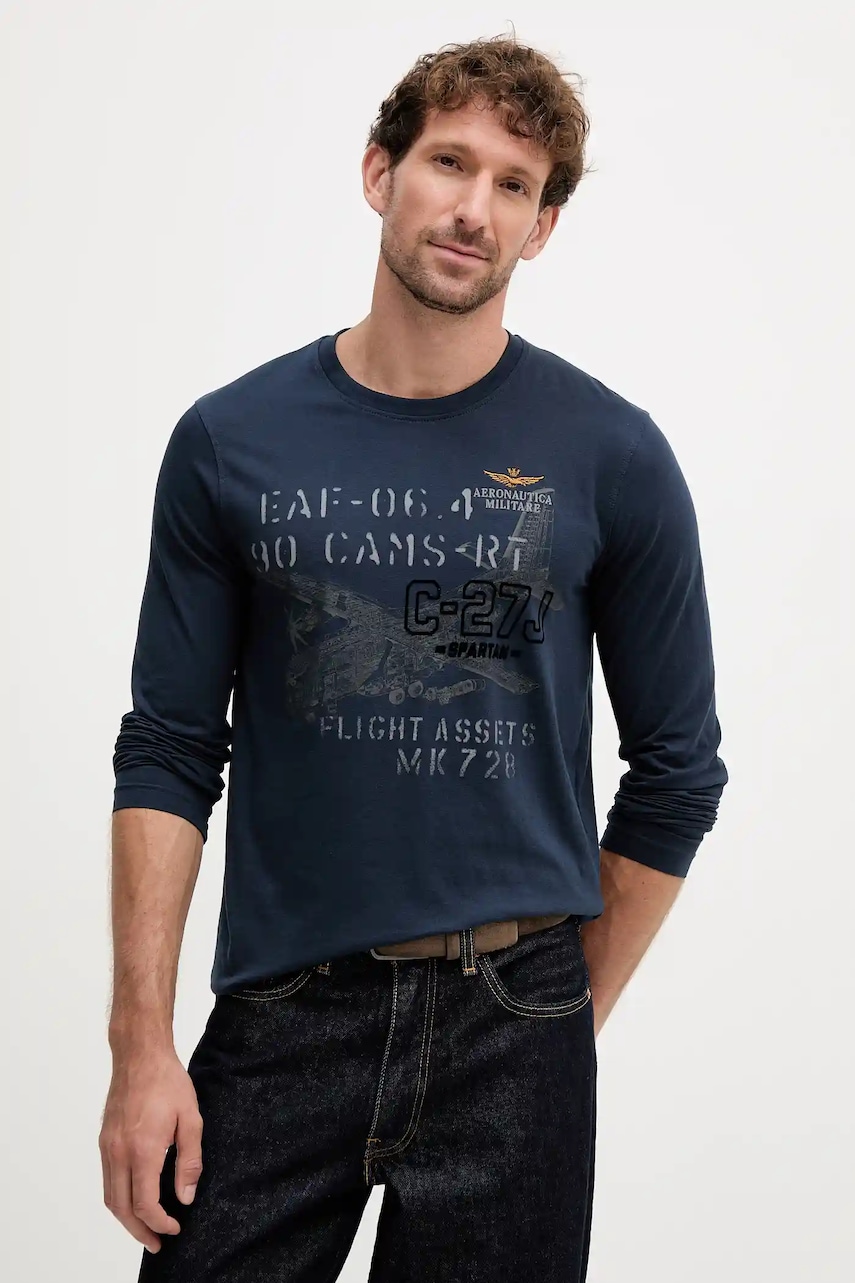 Aeronautica Militare longsleeve din bumbac culoarea bleumarin, cu imprimeu, TS2475UJ00641
