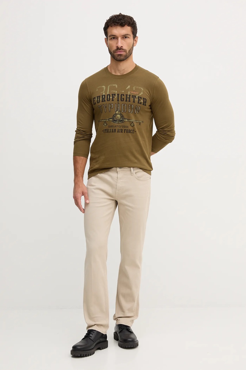 Хлопковый лонгслив Aeronautica Militare цвет зелёный с принтом TS2477UJ00641