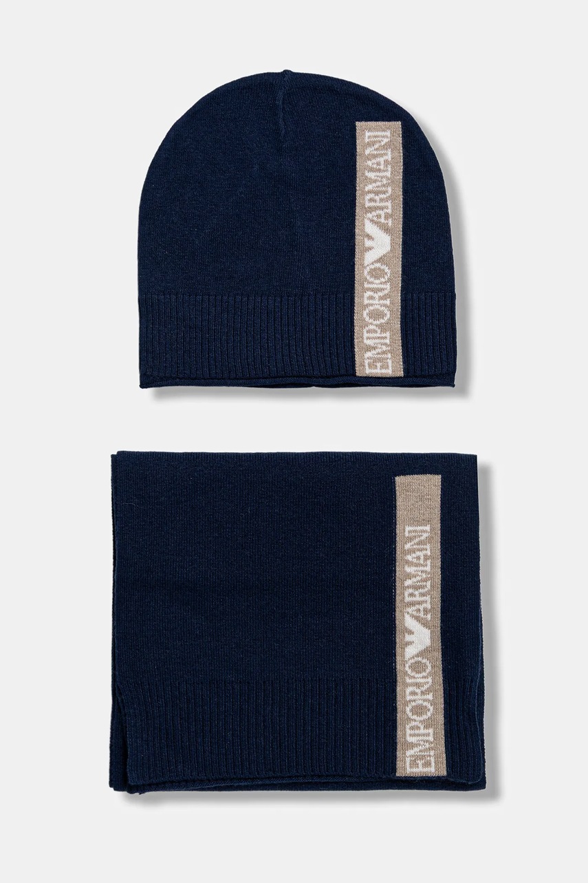 Levně Dětská čepice a šátek z vlněné směsi Emporio Armani tmavomodrá barva, EB000811 AF17340