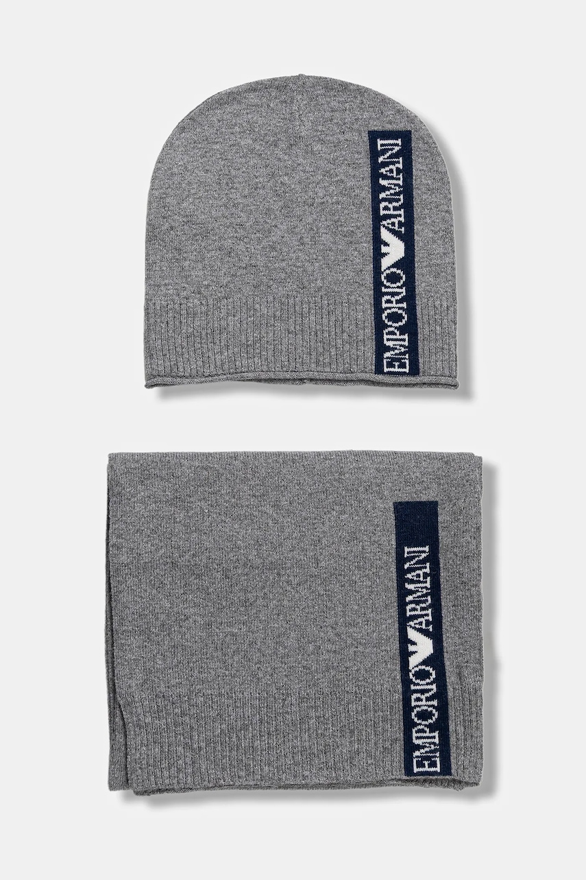 Levně Dětská čepice a šátek z vlněné směsi Emporio Armani šedá barva, EB000811 AF17340