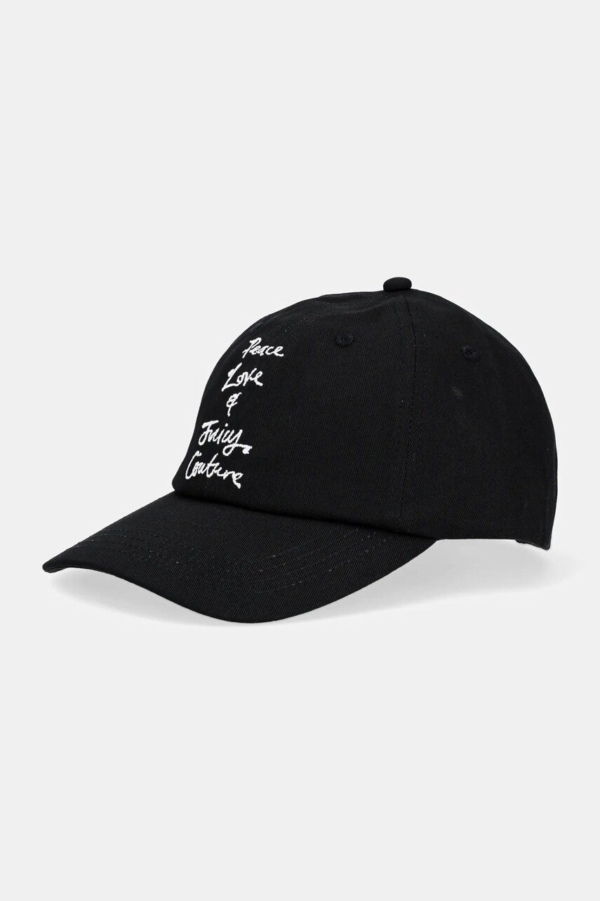Juicy Couture șapcă de baseball din bumbac PEACE LOVE AND JUICY CAP culoarea negru, cu imprimeu, JCAWH225703