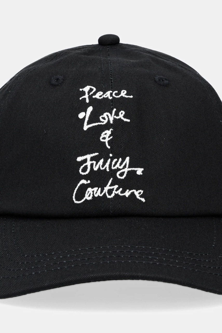 Хлопковая кепка Juicy Couture PEACE LOVE AND JUICY CAP цвет чёрный с аппликацией JCAWH225703 Хлопковая кепка Juicy Couture PEACE LOVE AND JUICY CAP цвет чёрный с аппликацией JCAWH225703