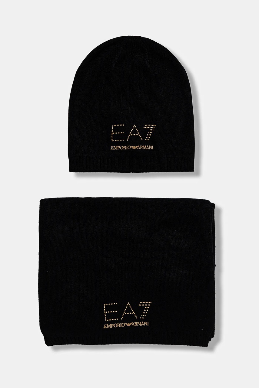 EA7 Emporio Armani căciulă si eșarfă din amestec de lână culoarea negru, AF16843.7W000717