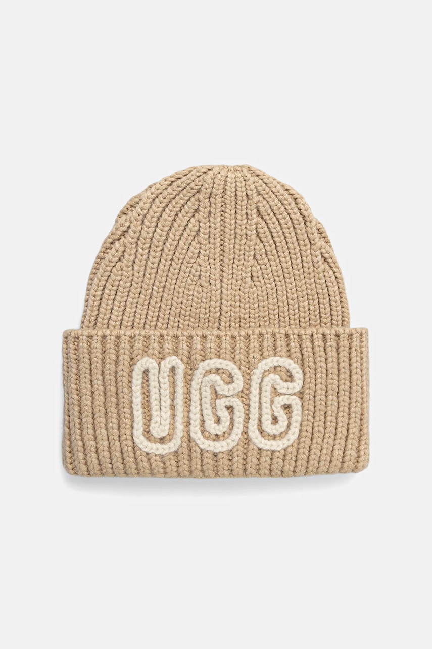 Levně Čepice z vlněné směsi UGG CHUNKY béžová barva, 102345