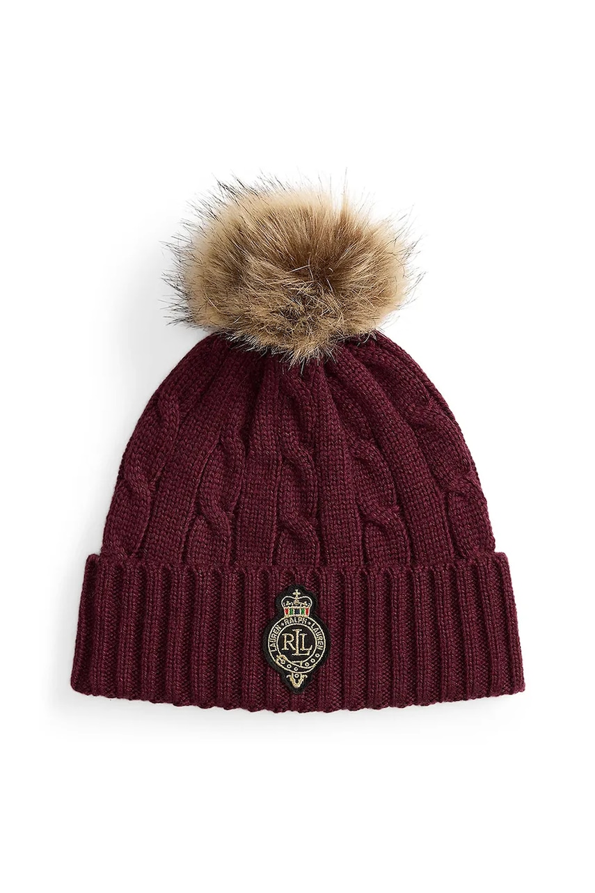 Levně Čepice s příměsí vlny Lauren Ralph Lauren vínová barva, 454P04455