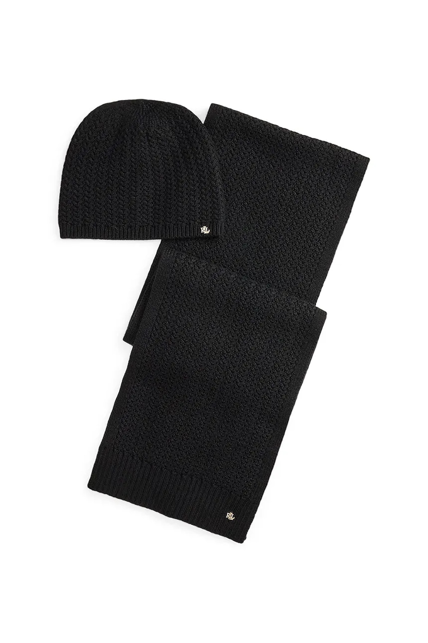 Čepice a šála s přídavkem vlny Lauren Ralph Lauren černá barva, 454P04471