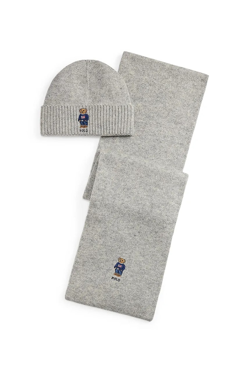 Čepice a šála s přídavkem vlny Polo Ralph Lauren šedá barva, 449P02050