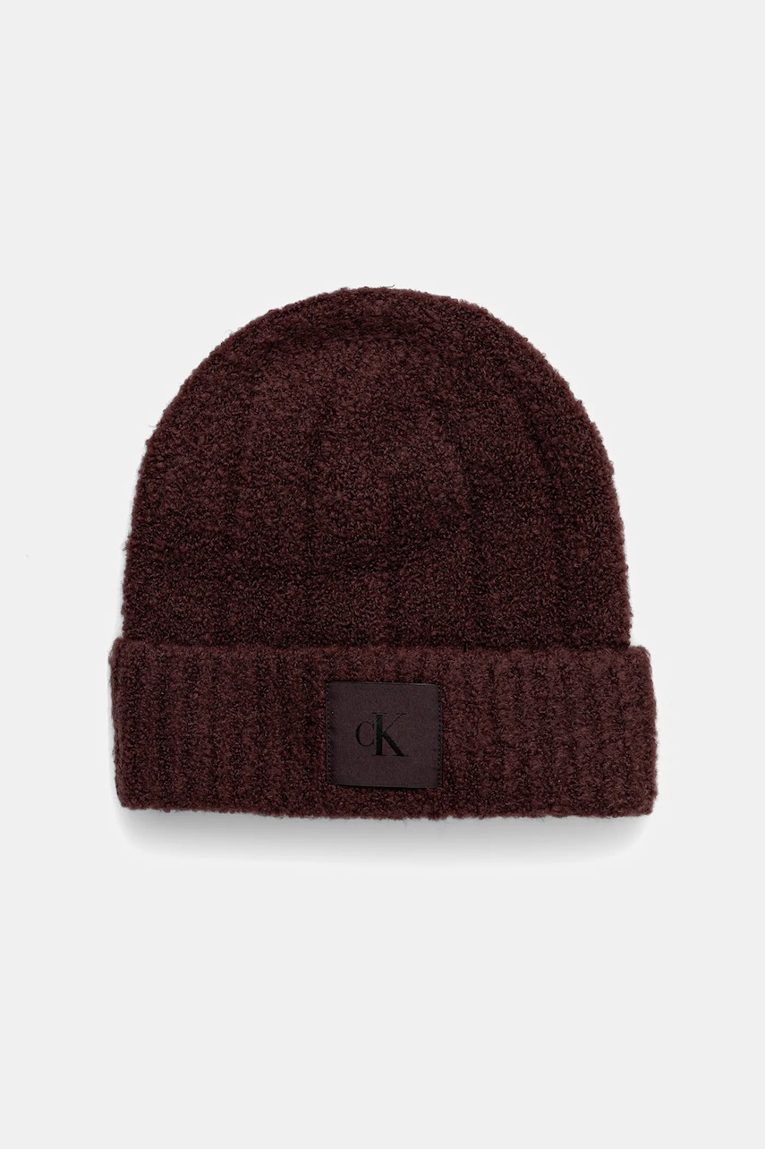 Levně Čepice s vlnou Calvin Klein hnědá barva, LV04D8065G