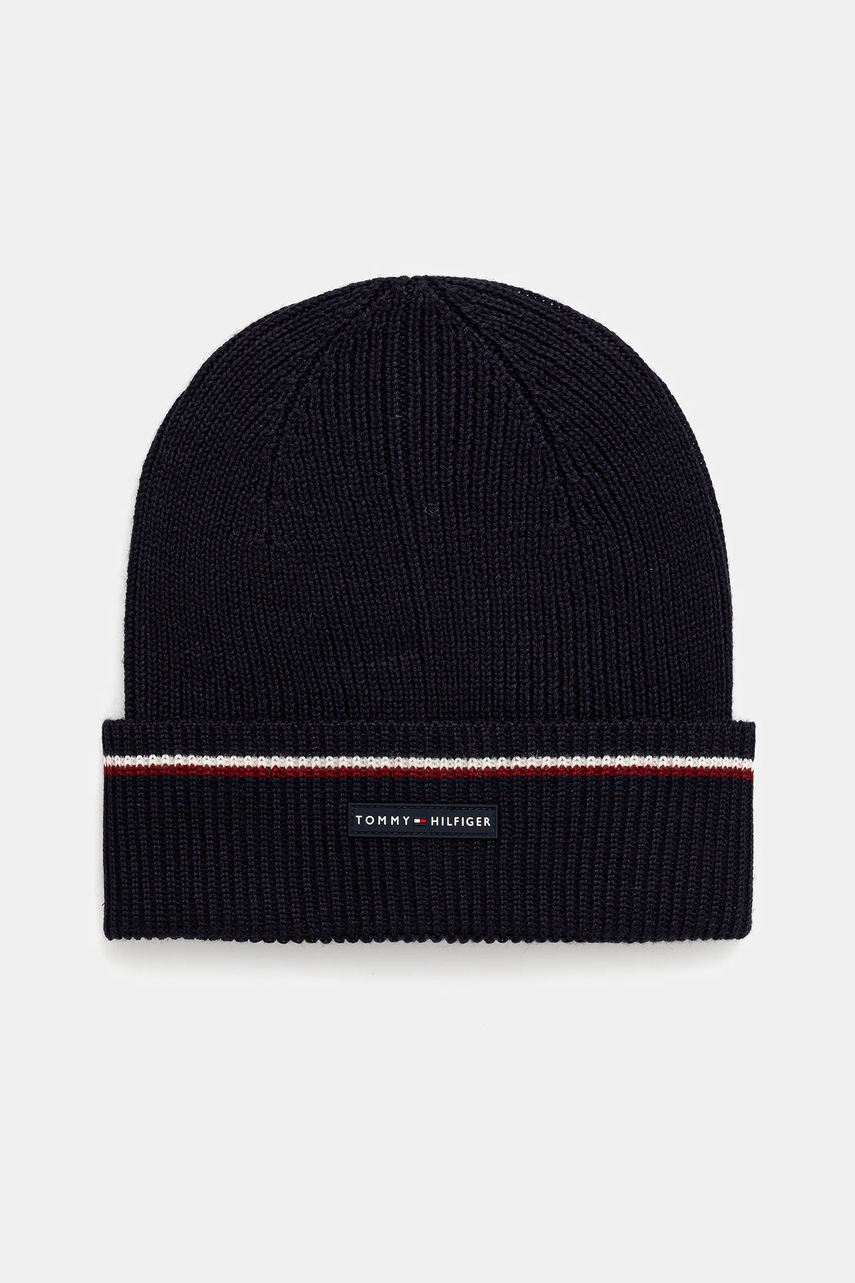 Levně Čepice s příměsí vlny Tommy Hilfiger tmavomodrá barva, AM0AM13587