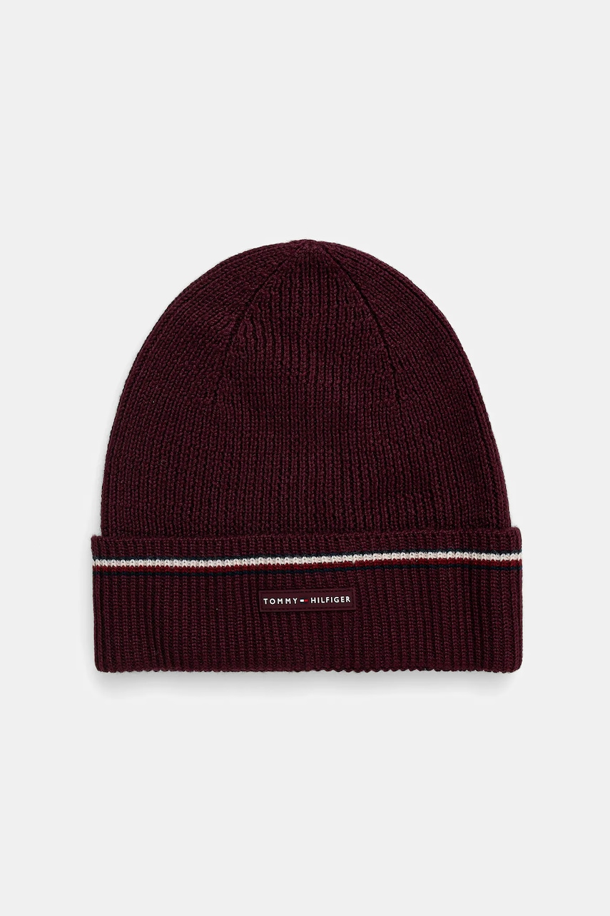 Levně Čepice s příměsí vlny Tommy Hilfiger vínová barva, AM0AM13587
