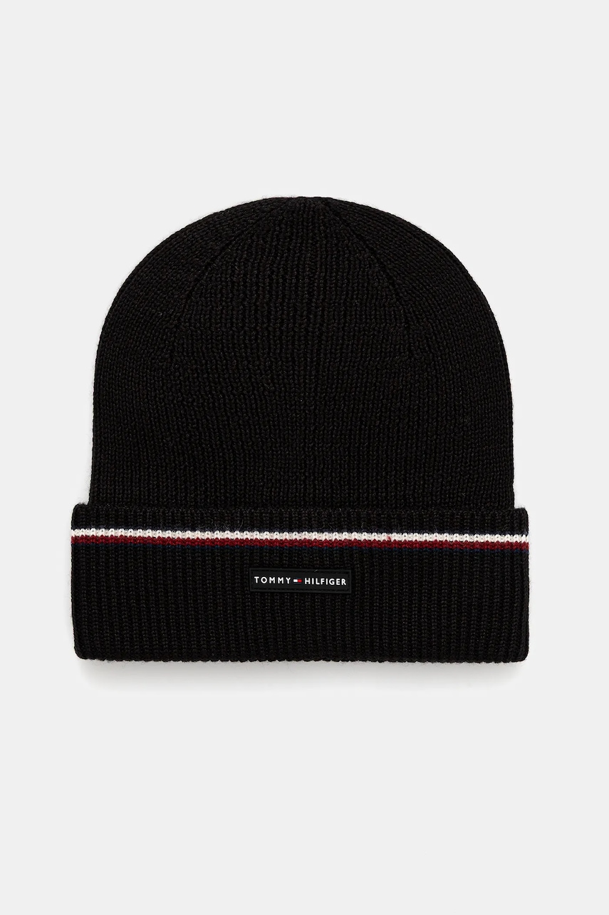 Levně Čepice s příměsí vlny Tommy Hilfiger černá barva, AM0AM13587