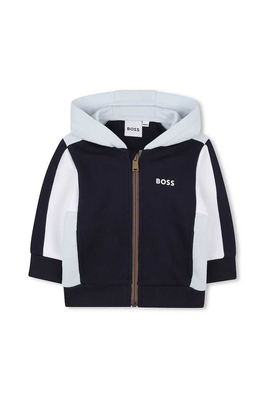 BOSS bluză bebe culoarea bleumarin, cu glugă, cu imprimeu, J52447