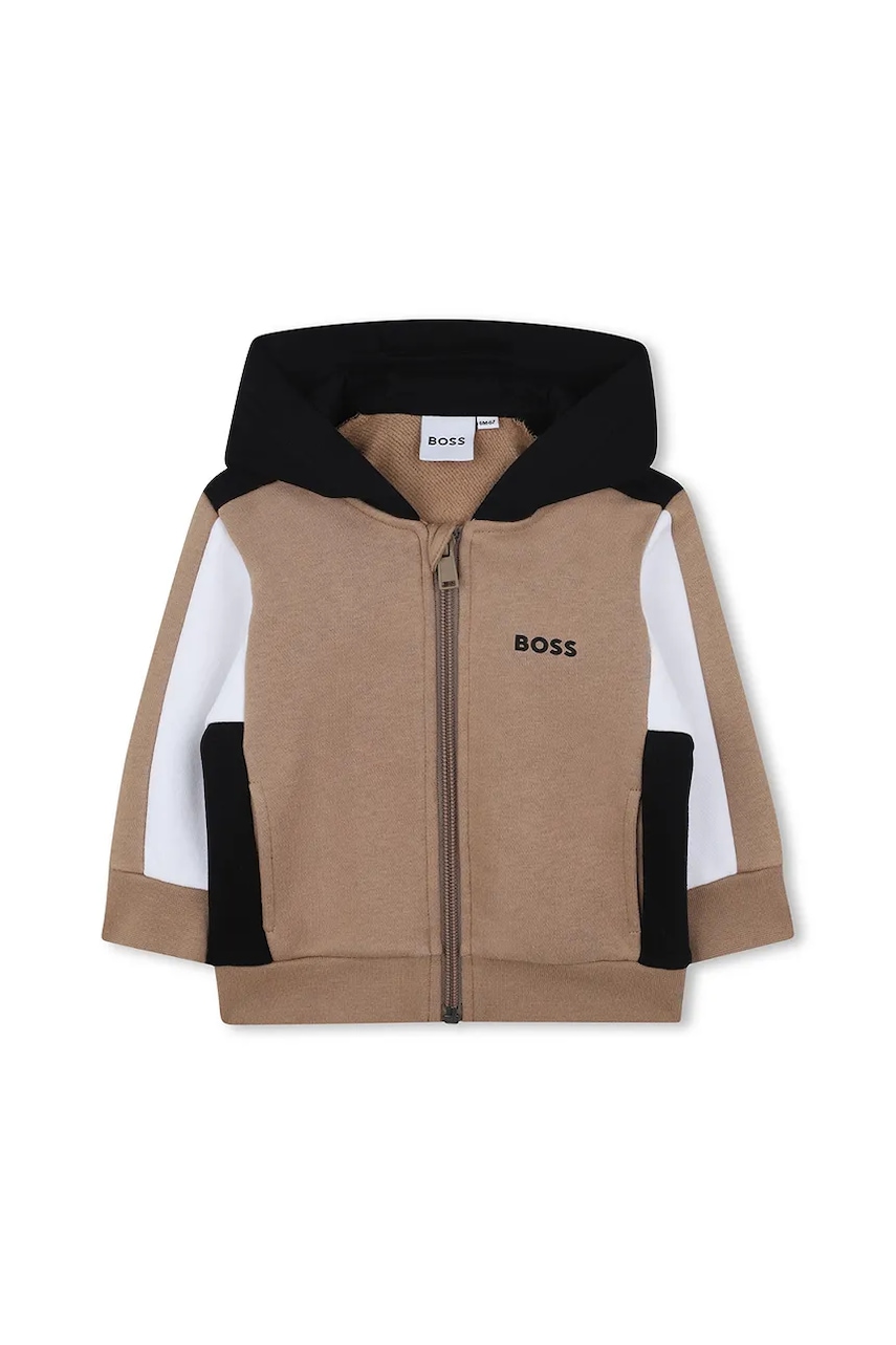 BOSS bluză bebe culoarea maro, cu glugă, cu imprimeu, J52447