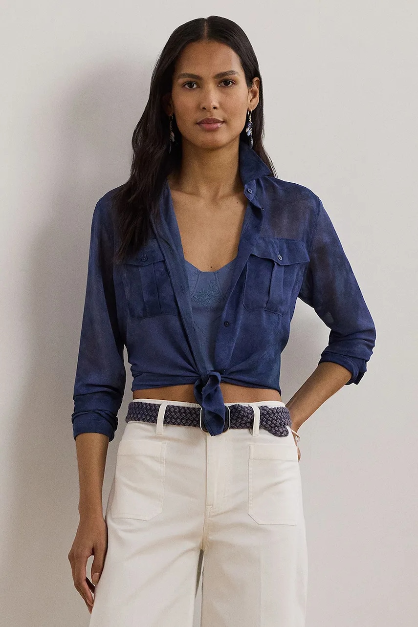 Levně Košile Lauren Ralph Lauren dámská, modrá barva, regular, s klasickým límcem, 200970723