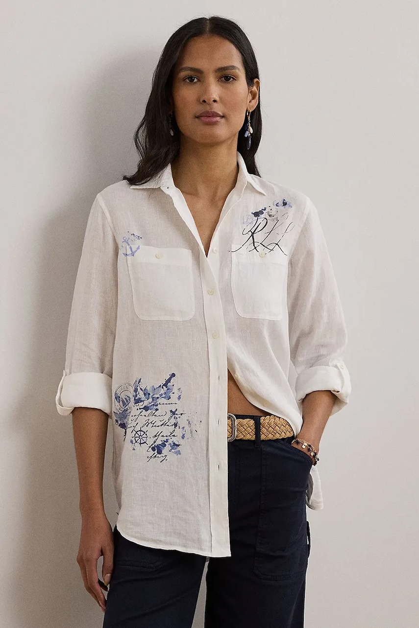 Levně Lněná košile Lauren Ralph Lauren dámská, bílá barva, relaxed, s klasickým límcem, 200970750