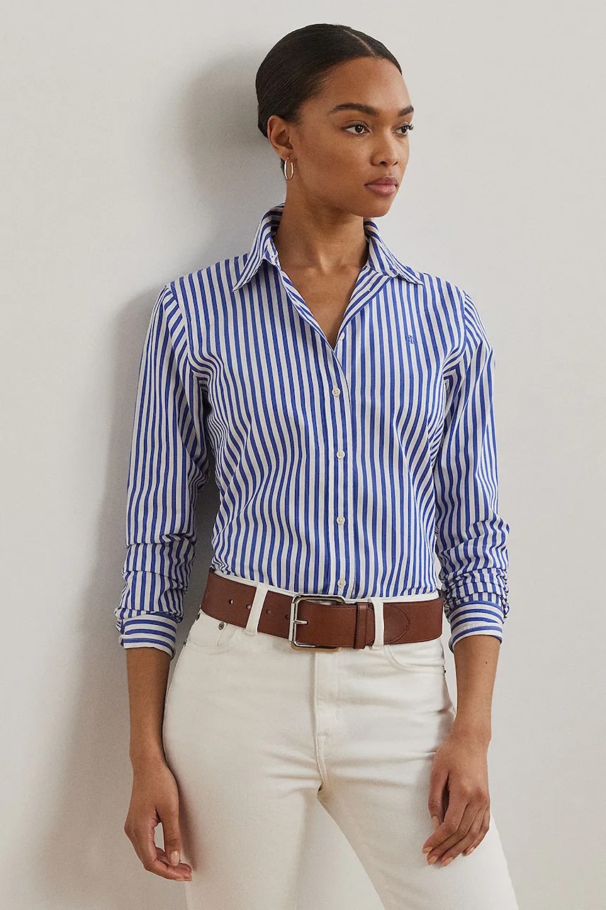 Levně Bavlněná košile Lauren Ralph Lauren dámská, modrá barva, regular, s klasickým límcem, 200970765