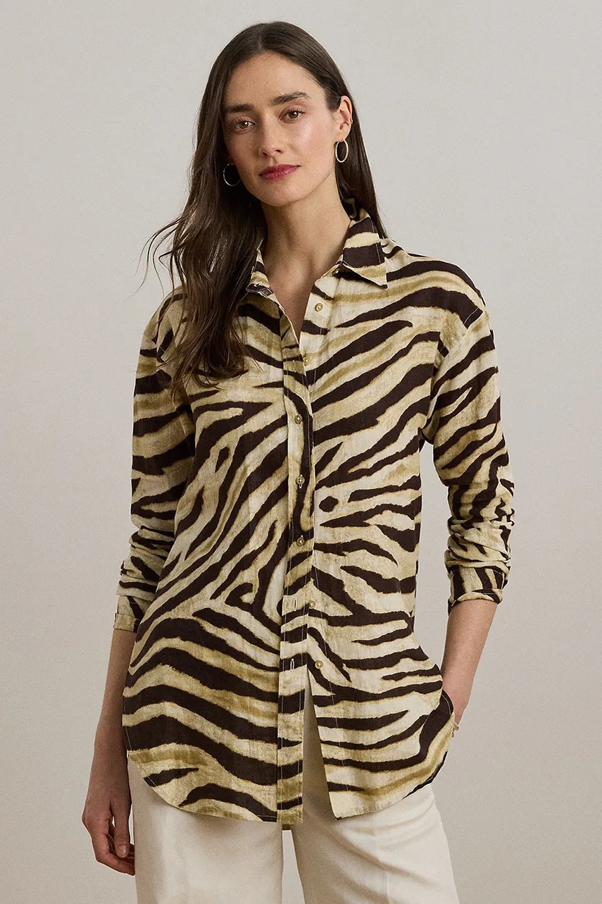 Levně Lněná košile Lauren Ralph Lauren dámská, bílá barva, regular, s klasickým límcem, 200970776