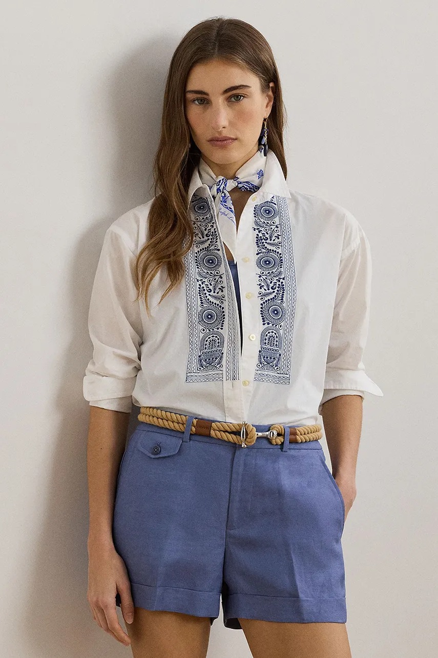 Levně Bavlněná košile Lauren Ralph Lauren dámská, bílá barva, regular, s klasickým límcem, 200970815