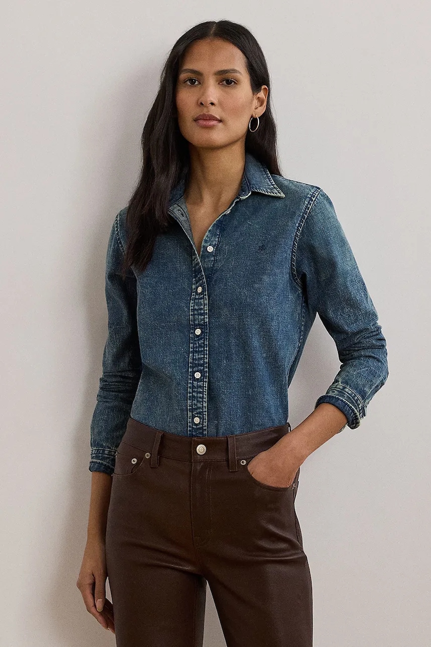 Levně Džínová košile Lauren Ralph Lauren dámská, modrá barva, regular, s klasickým límcem, 200971084