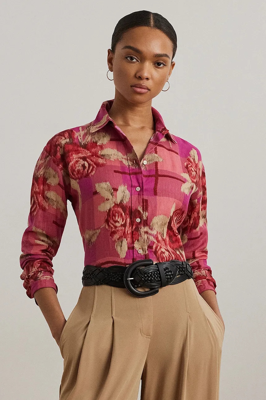 Levně Lněná košile Lauren Ralph Lauren dámská, červená barva, regular, s klasickým límcem, 200978534