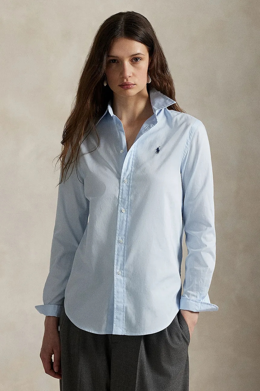 Levně Bavlněná košile Polo Ralph Lauren dámská, modrá barva, regular, s klasickým límcem, 211A92177