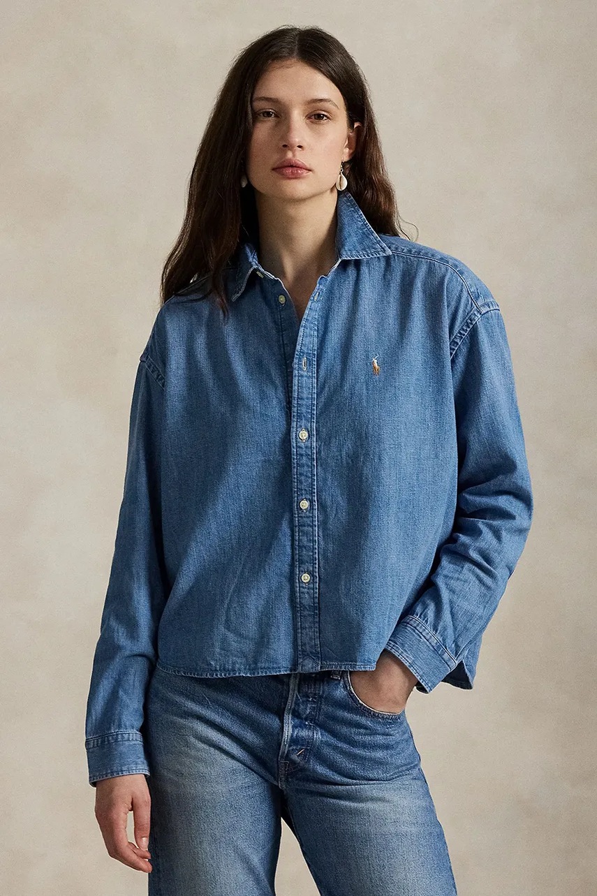 Levně Džínová košile Polo Ralph Lauren dámská, modrá barva, relaxed, s klasickým límcem, 211969457