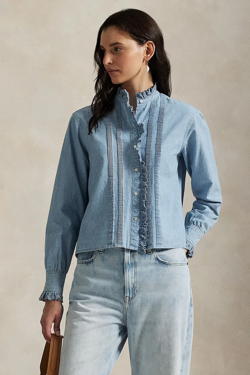 Levně Bavlněná košile Polo Ralph Lauren dámská, modrá barva, regular, se stojáčkem, 211971520