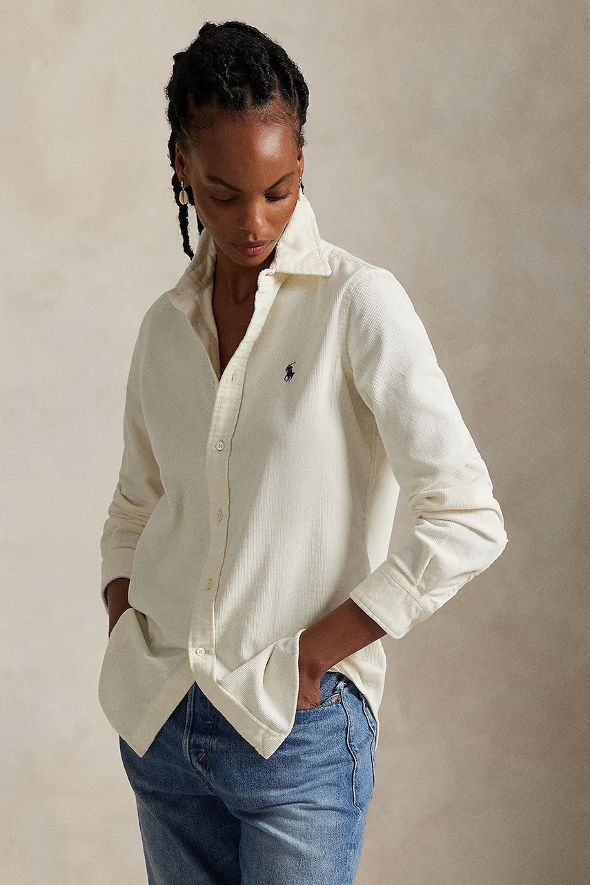 Levně Manšestrová košile Polo Ralph Lauren dámská, béžová barva, regular, s klasickým límcem, 211971526