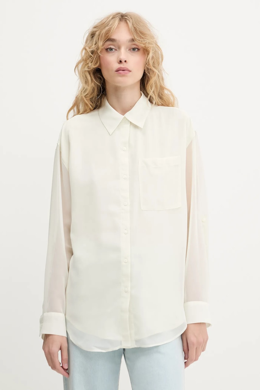 Levně Košile Calvin Klein dámská, béžová barva, relaxed, s klasickým límcem, LV044B902G