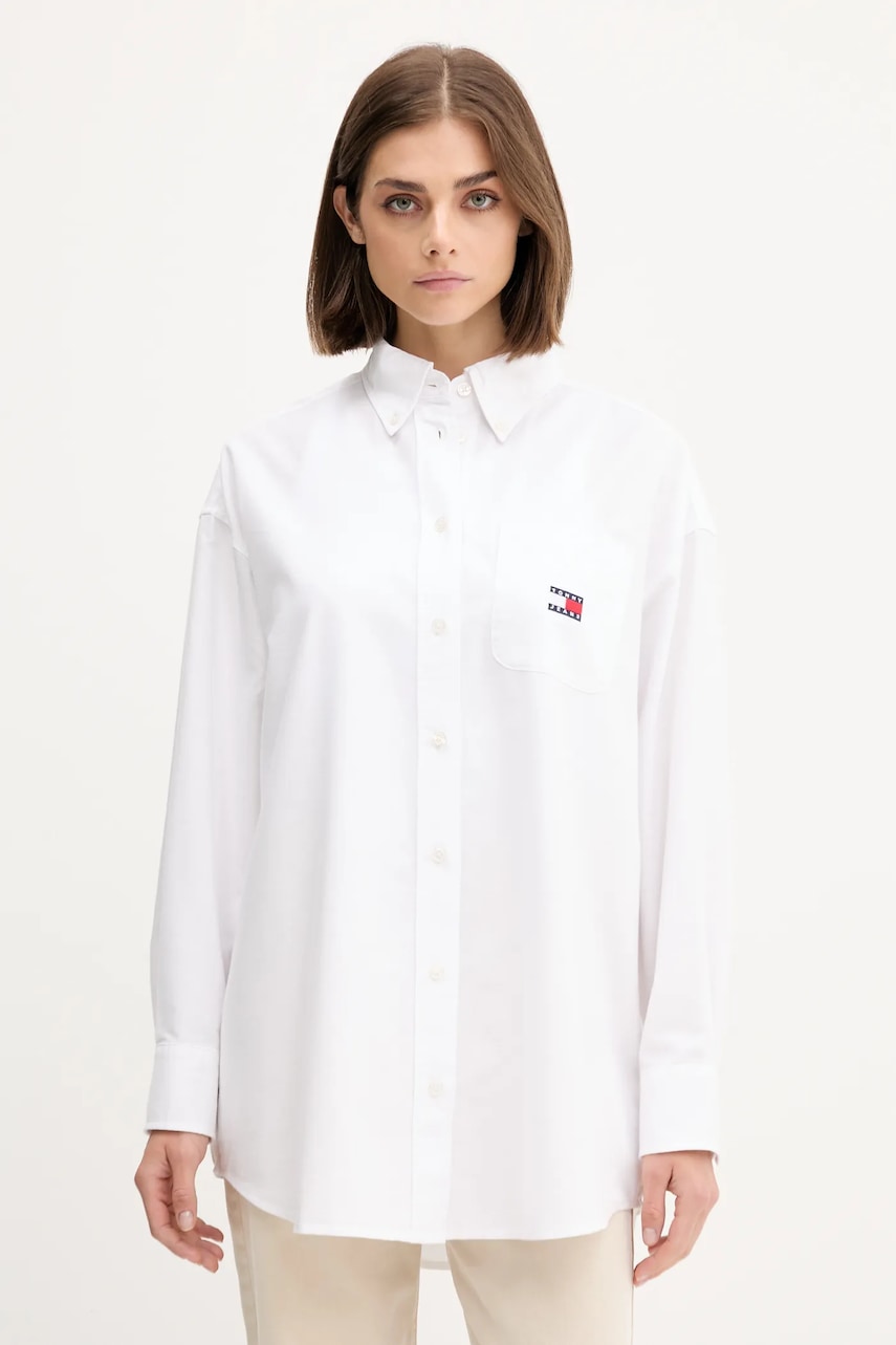 Tommy Jeans cămașă culoarea alb, cu guler clasic, relaxed, DW0DW20988