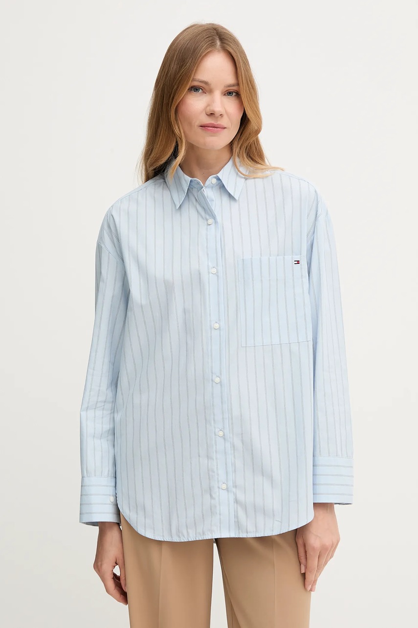 Levně Bavlněná košile Tommy Hilfiger dámská, modrá barva, relaxed, s klasickým límcem, WW0WW45892