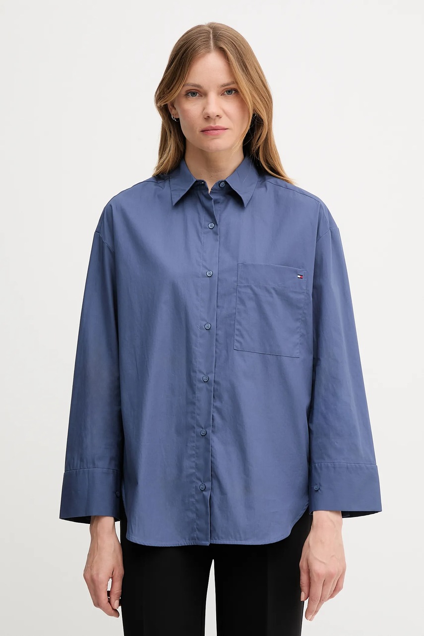 Levně Bavlněná košile Tommy Hilfiger dámská, tmavomodrá barva, relaxed, s klasickým límcem, WW0WW45892