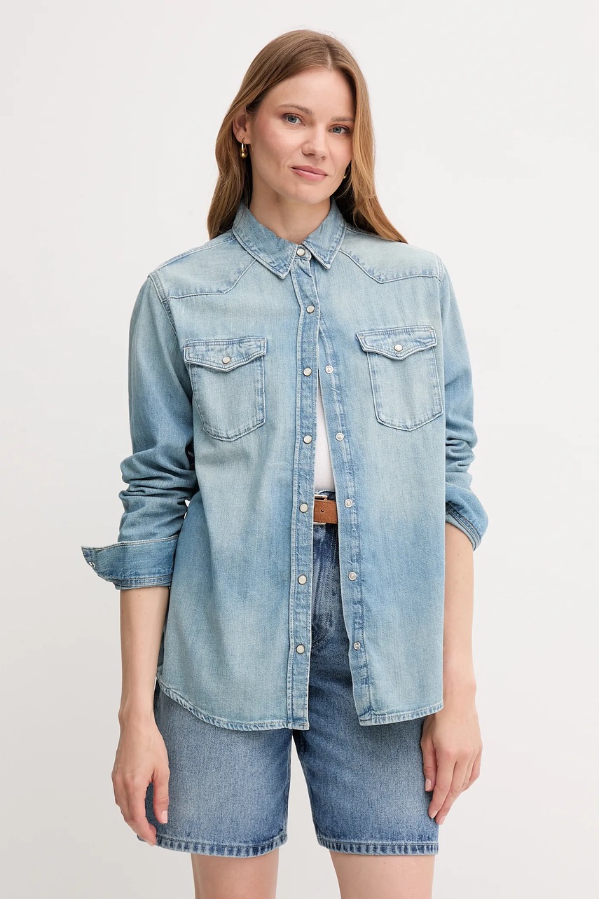 Levně Džínová košile Tommy Hilfiger dámská, modrá barva, regular, s klasickým límcem, WW0WW46486