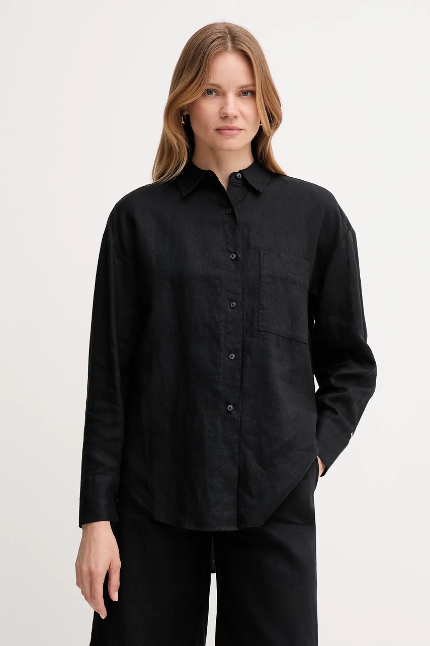Levně Lněná košile Tommy Hilfiger dámská, černá barva, relaxed, s klasickým límcem, WW0WW46509