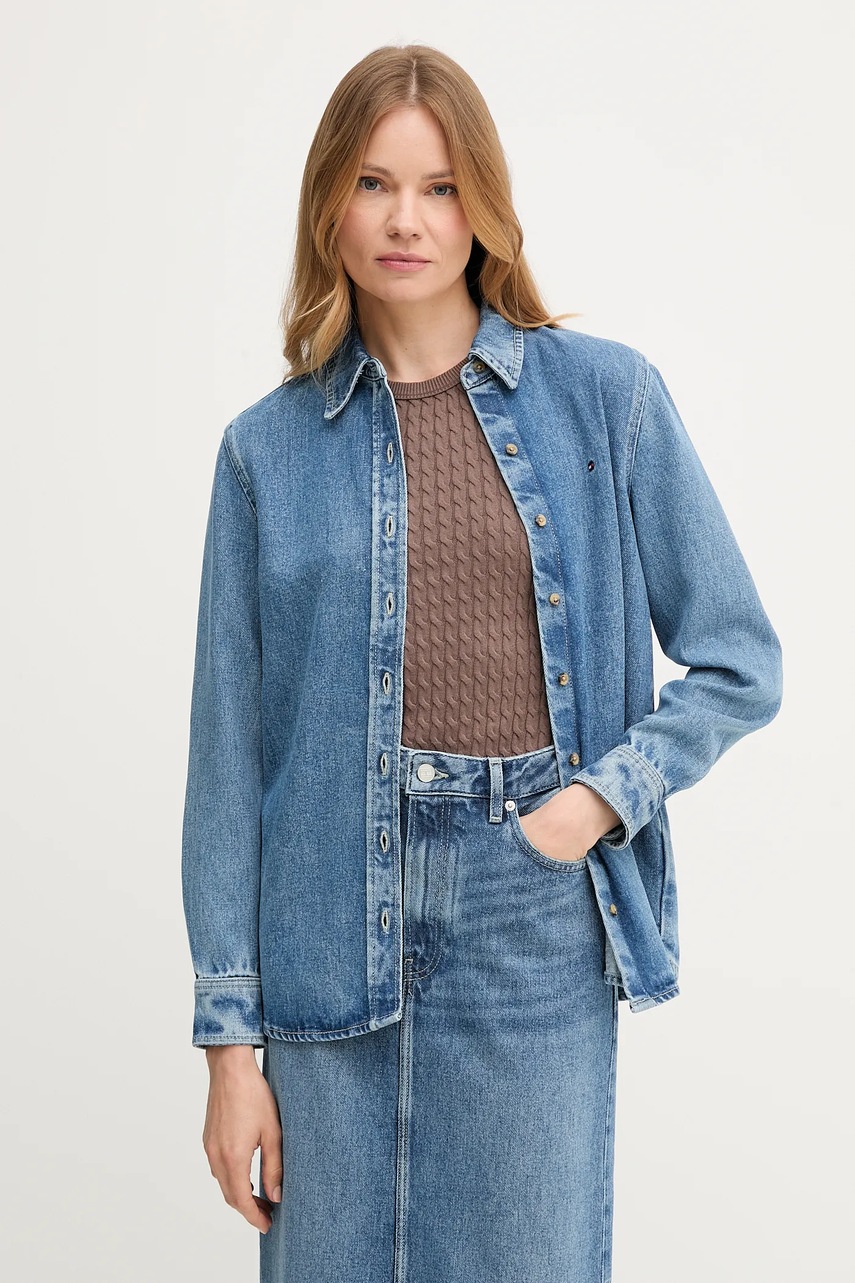 Levně Džínová košile Tommy Hilfiger dámská, modrá barva, regular, s klasickým límcem, WW0WW47219