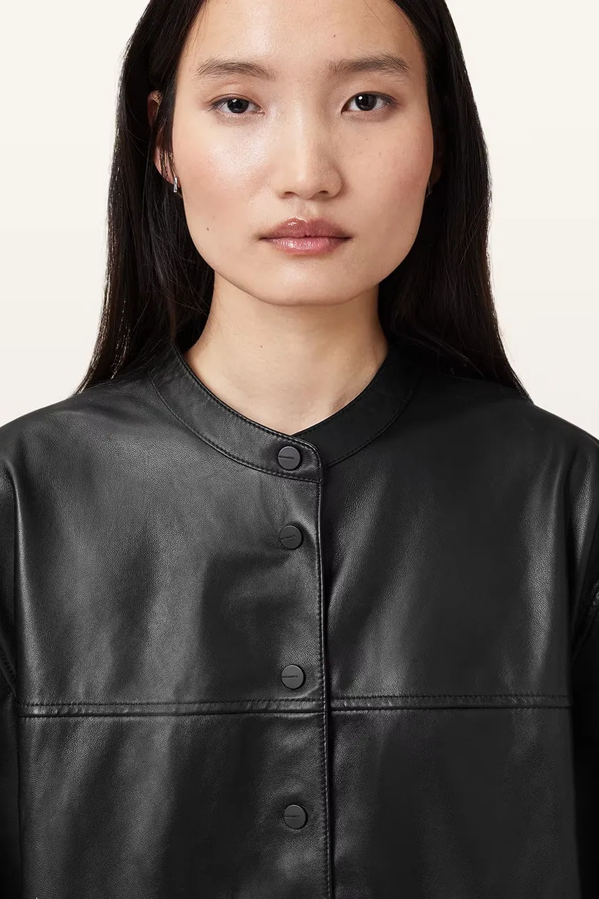 Кожаная рубашка AllSaints JENNA цвет чёрный relaxed со стойкой W076PC